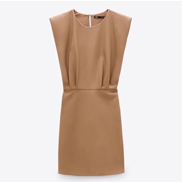 ZARA Faux Leather Padded Shoulder Mini Dress Womens Brown Sleeveless Size Large - Picture 12 of 15